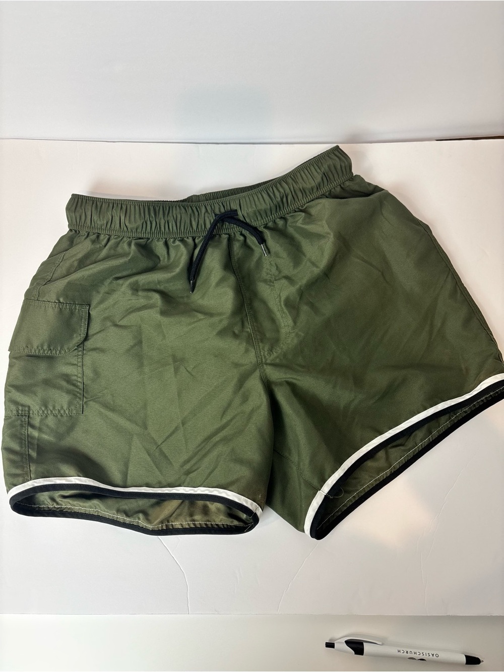 ASOS Olive Green Swim Shorts with Black Drawstring and White Trim XS